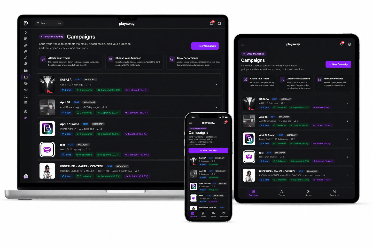 Playsway campaigns dashboard — segmented email sends with analytics